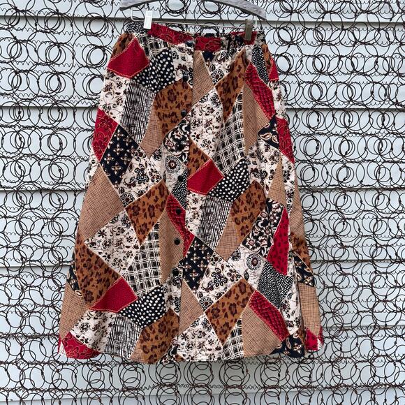 Vintage 90s Maggie Sweet Fall Harvest Retro Faux Patchwork Print A Line Skirt PM - Picture 1 of 9